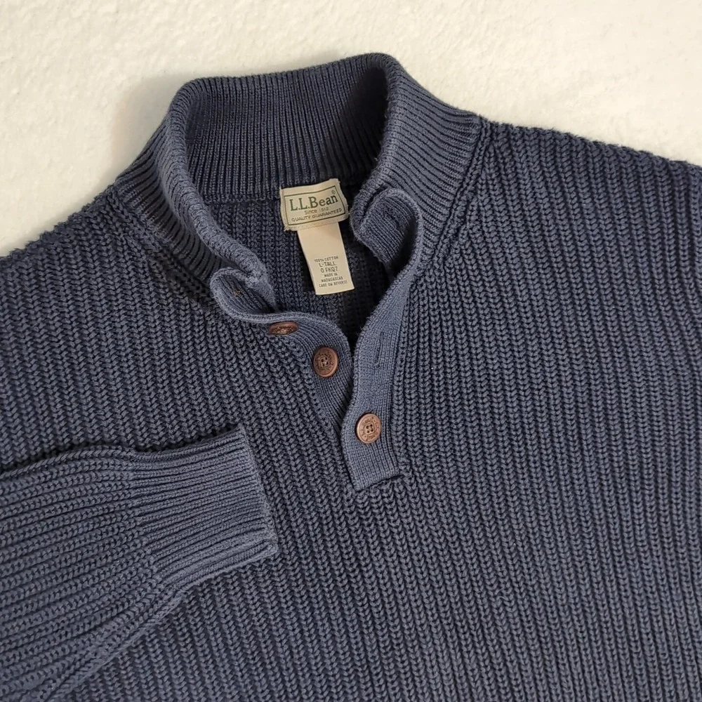 LL Bean Blue 1/4 Button Ribbed‎ Henley Pullover Knit Sweater Mens LT Cotton Ragg